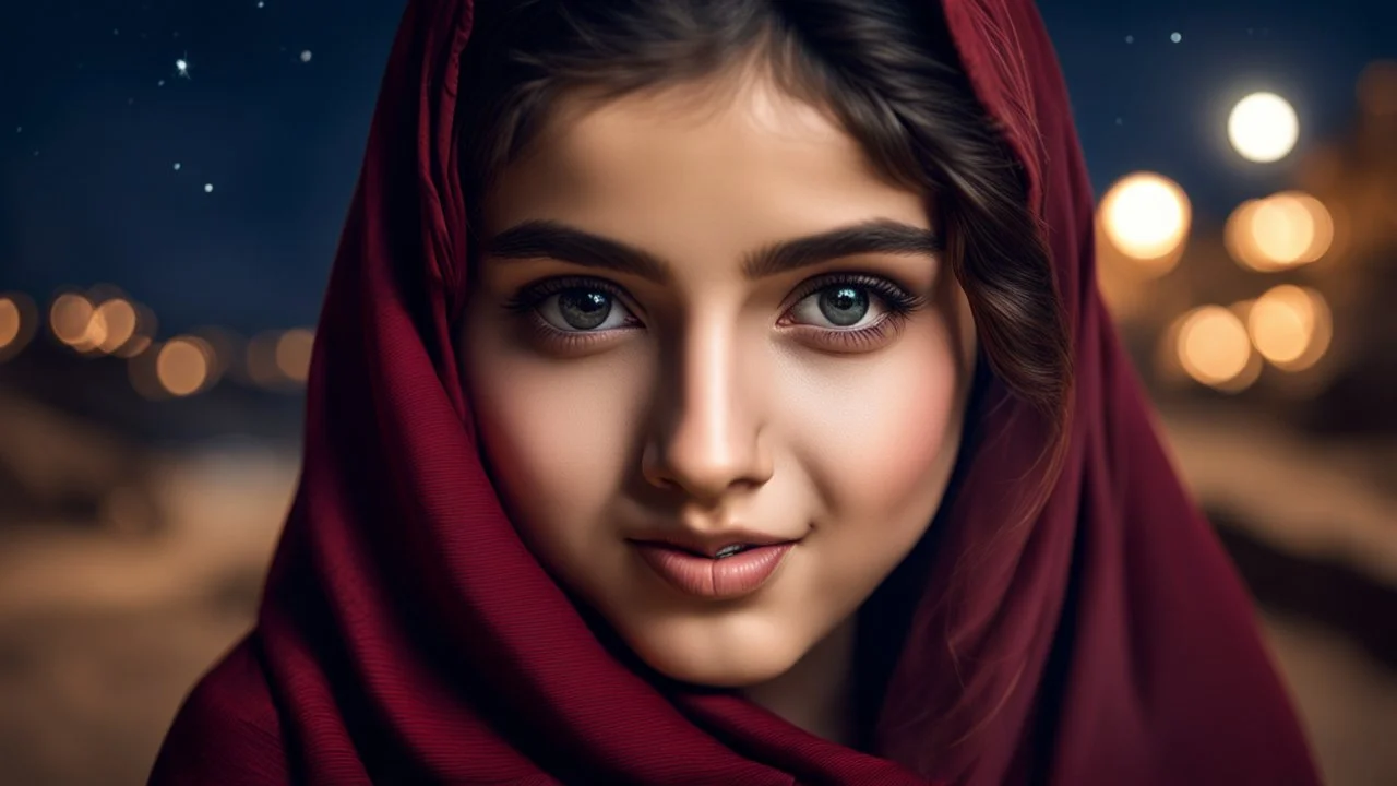 Hyper Realistic Photographic-close-view of Young Beautiful Pashto Girl with-beautiful-eyes-&-lips in a Maroon-dress peeking from-her black-shawl & giving bold expressions-with-little-smile riverside at beautiful moonlight-night showing dramatic & cinematic ambiance.