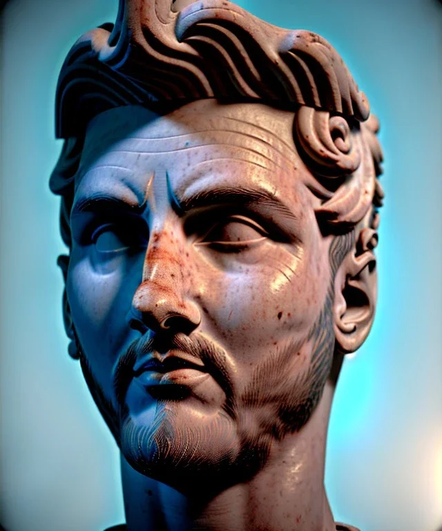 Realistic image, roman sculpture, marble material, Lionel Messi model, miguel angel style, God light, god rays, 4k resolution, intricate details, gold ornate details, soft lighting, unreal engine 5, soft cyan background.