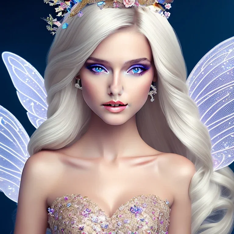 fantasy fairy with transparent wings, smiling, make up, long platinum blond hair with crown and flowers, blue eyes, pink dress