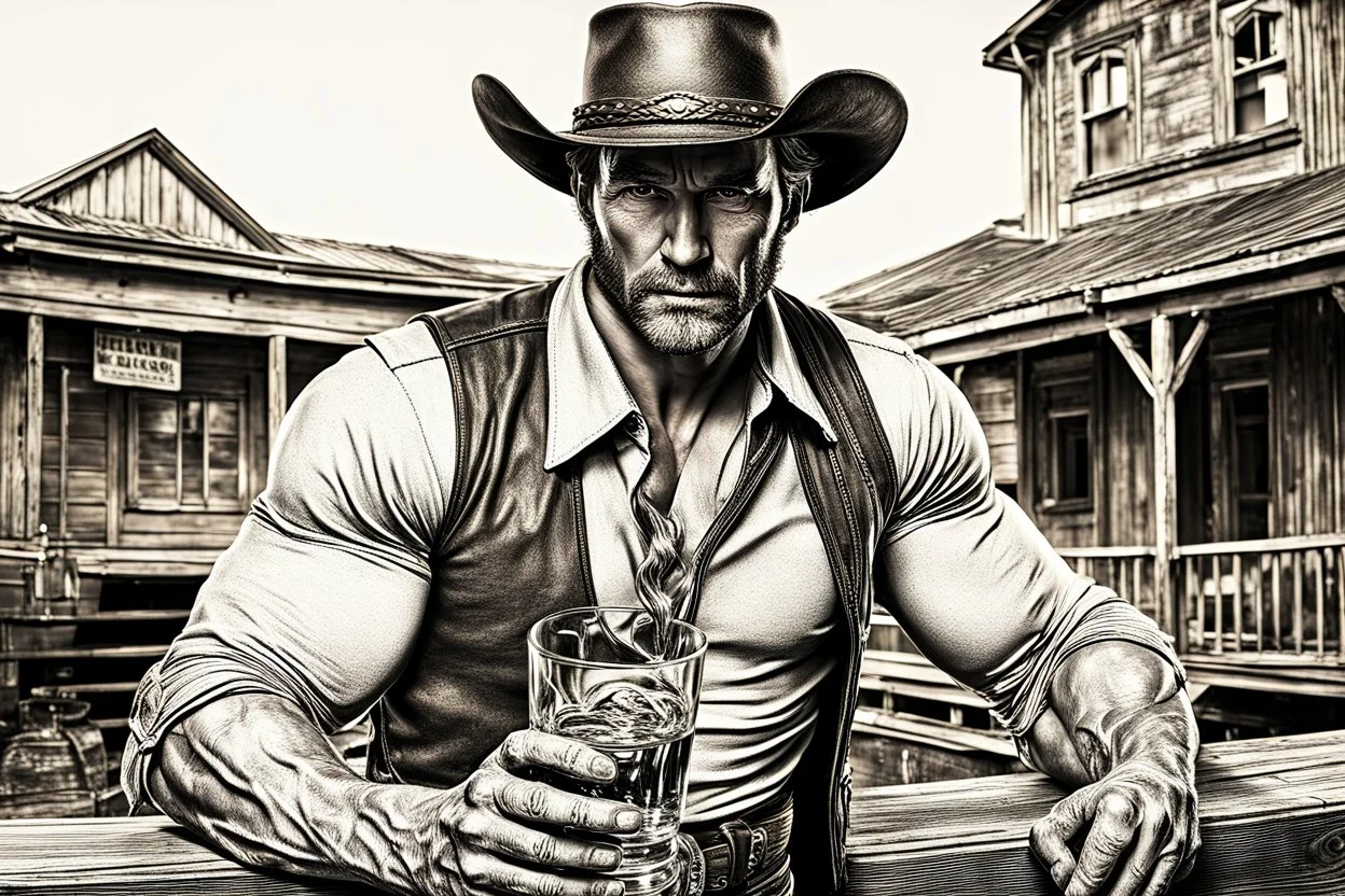 Rough looking muscular cowboy photorealistic in a saloon whisky glass in his hand