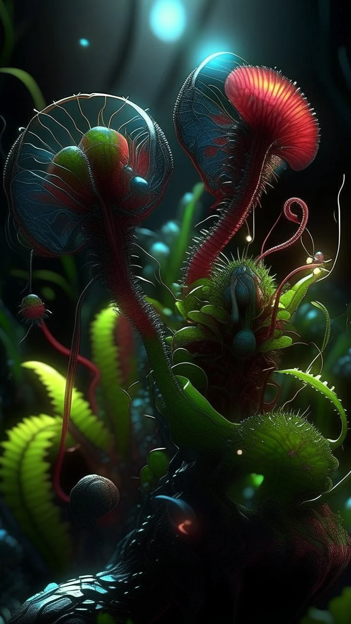 "3D HR Complex Unique and Beautiful Bioluminescent Carnivorous Plants, a breathtaking frontier fantasy artwork by Android Jones, Jean Baptiste monge, Alberto Seveso, Erin Hanson, Jeremy Mann. Minimalist highly detailed and complex professional_photography, masterpieces, 8k resolution concept art, Artstation, tricolor, Unreal Engine 5, cgsociety" Highly detailed ArtStation Concept Art Clear Focus Smooth cinematic 4K epic Details Serious Stoic ARTgerm AN's mature art. Bosch painting style,Busch