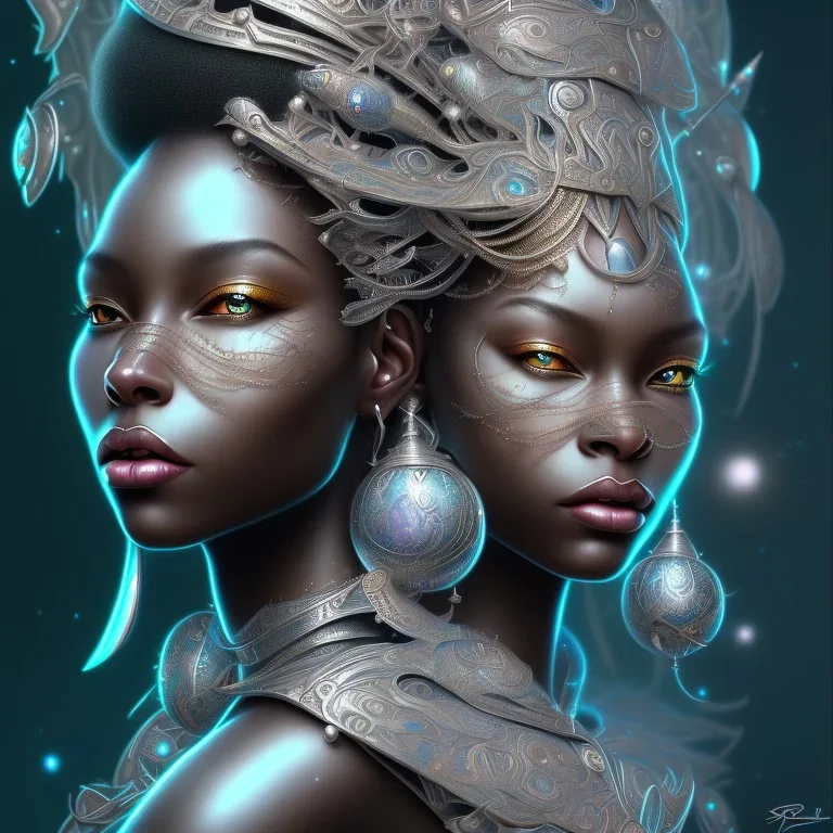 sango fantasy, fantasy magic, intricate, sharp focus, illustration, highly detailed, digital painting, concept art, matte, masterpiece head sexy view black African beauty black afro hair space lady silver fish skin African princess