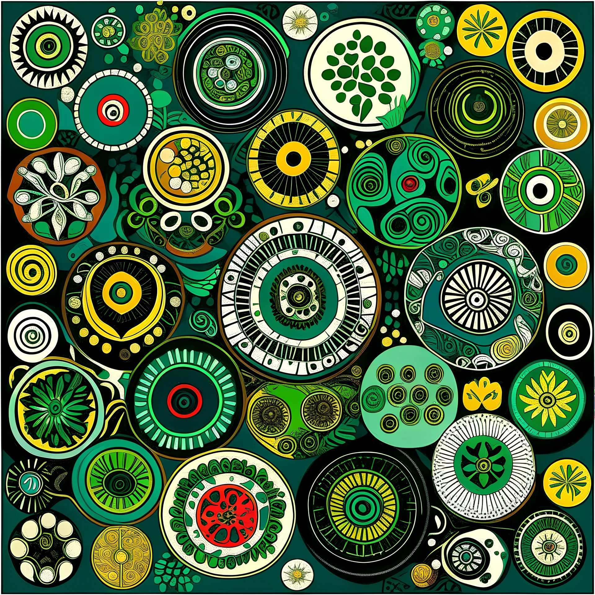 generate one image with 20 concentric circles, with a bright metallic look. populate with devotional images from asia. decorate with green leaves and vines