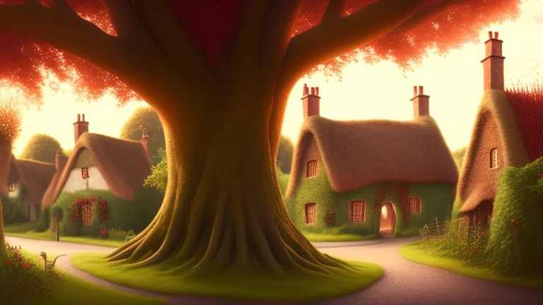 A photorealistic image of a red-haired, slender fantasy woman, winking and smiling, standing in a village common, surrounded by many thatched cottages and shops, under a large tree, early in the morning.