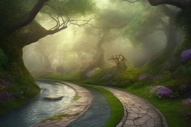  winding stone path lit river