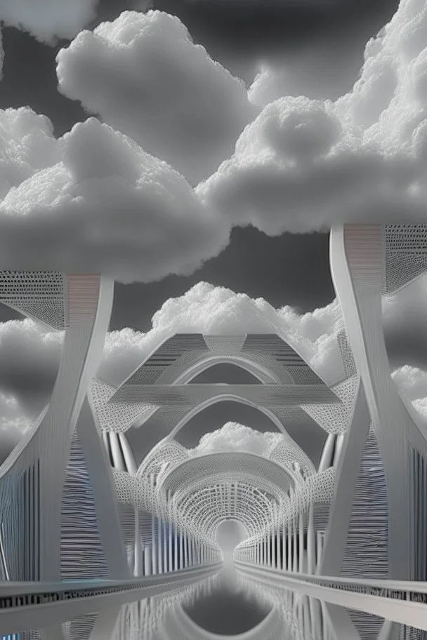 an idea is created of a bridge which has white clouds, in the style of futuristic digital art, grid formations, hall of mirrors, black and gray, photorealistic fantasies, multilayered dimensions, frontal perspective