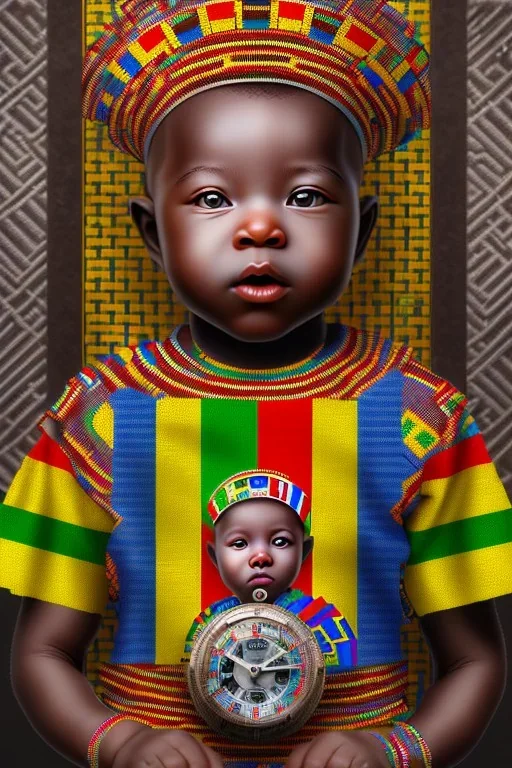 futuristic baby portrait in Kente, rusted clocks eyes, cinematic, scaffolding, ghana flag, african pattern symbols, engraved, 8k quality