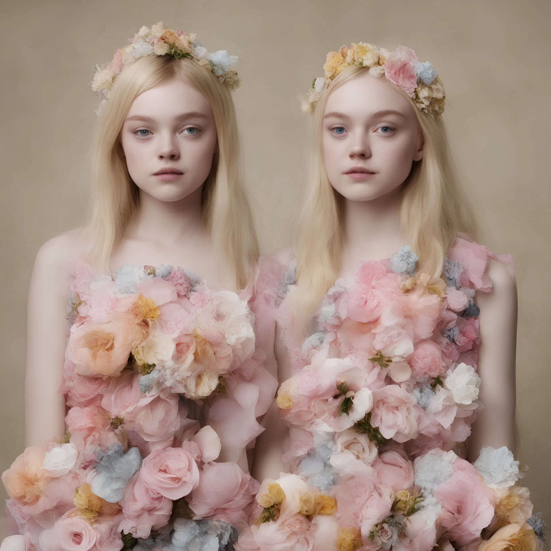 Elle fanning and dakota fanning , as flowers, in paper