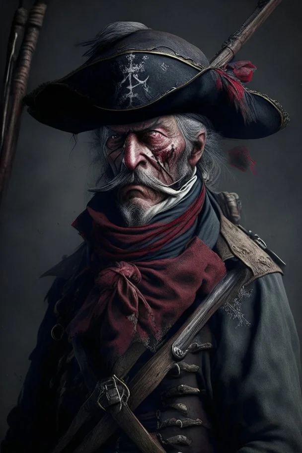 70 years old victorian bloodborne soldier with a musket bandana