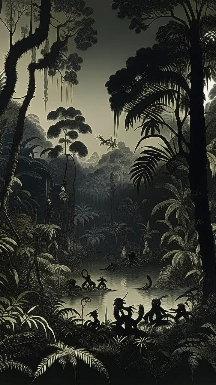 A black thicket with shadow monsters designed in Javanese shadow puppets painted by George Inness