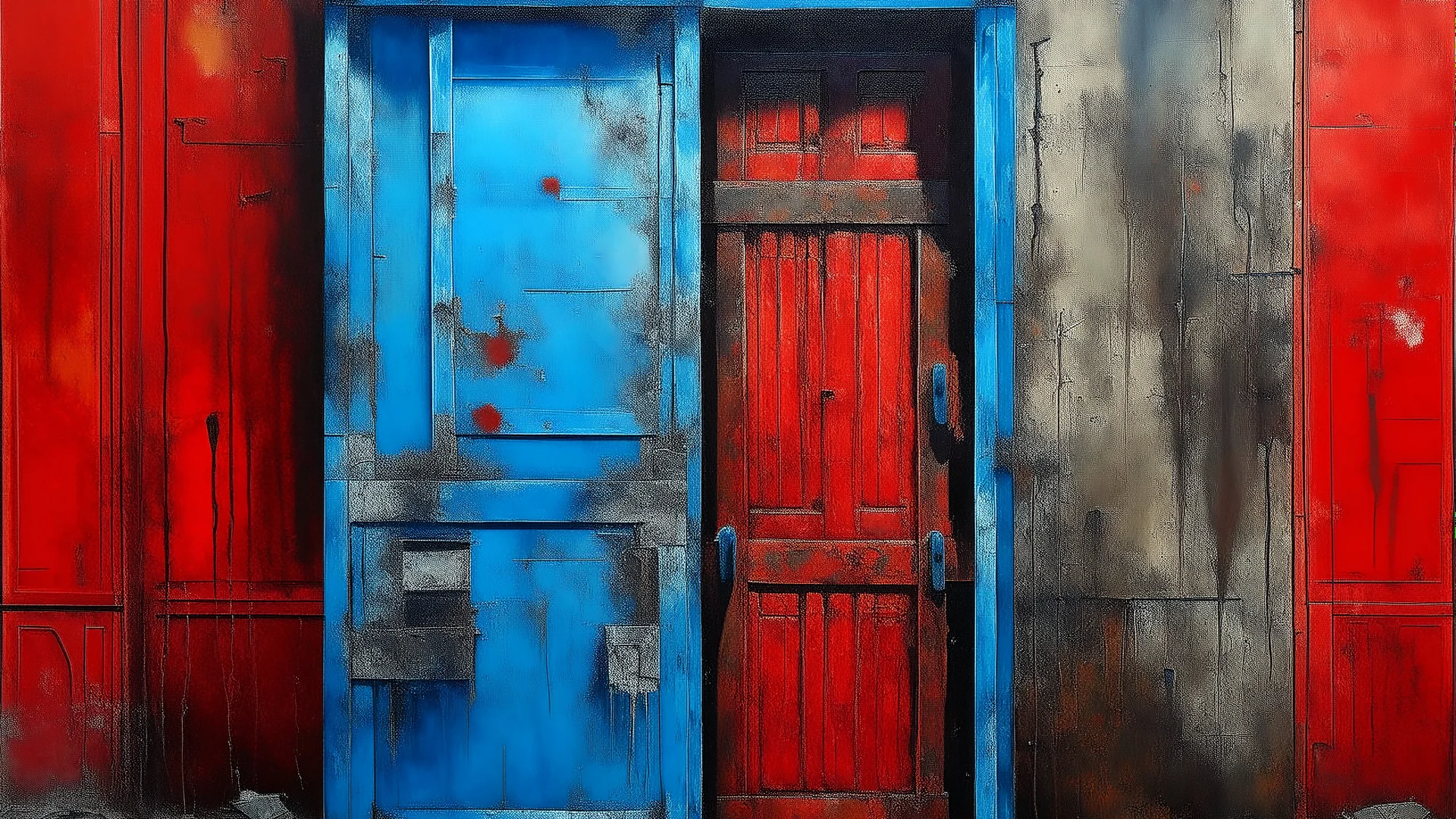 Painting depicting a weathered metal wall with a prominent, half-open red door through which a person is peering. The wall is blue, stained with rust and peeling paint, giving it an industrial, textured appearance. Rusty metal boxes are attached to the wall, along with vertical and horizontal pipes.
