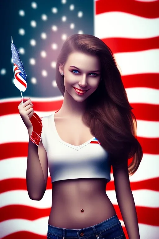 girl, cute, beautiful, holding American flag, smiling