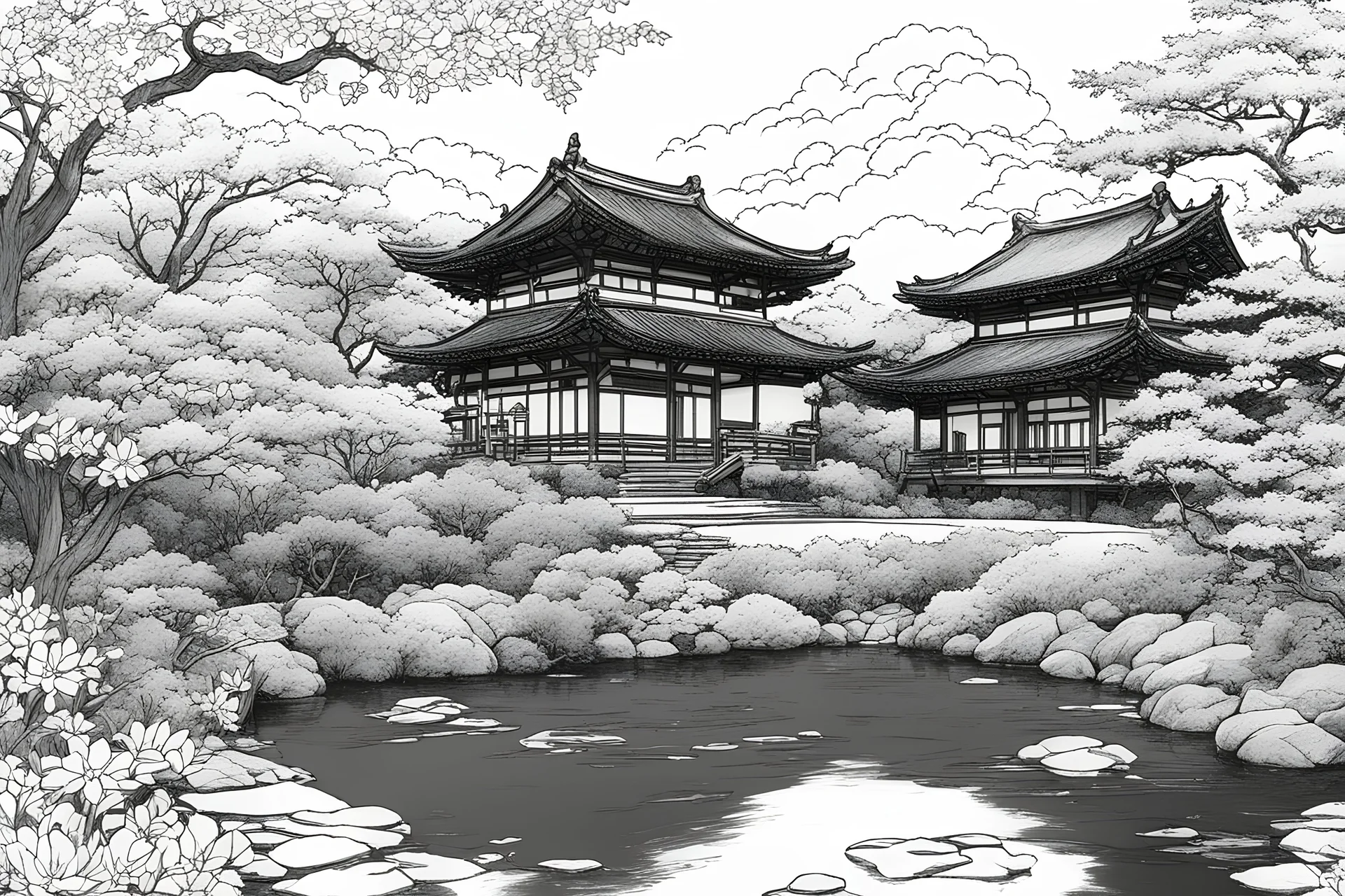 coloring page, style ghibli, un jardin japonais avec des cerisiers en fleur, un étang avec des carpes japonaise au lever du soleil