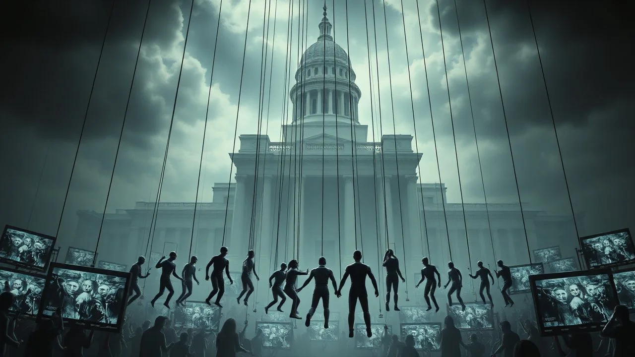 a corrupt government looms above, pulling the strings of hundreds of marionettes dangling below it, the news media broadcasts the marionettes' suffering on screens everywhere, dystopian, horror