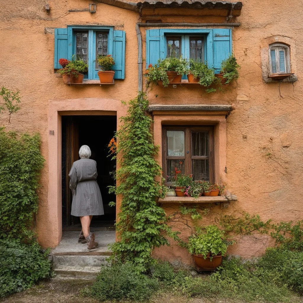 An odd village, details of the houses very accentuated, Max Ernst style, Hasselblad h6d400c, old lady
