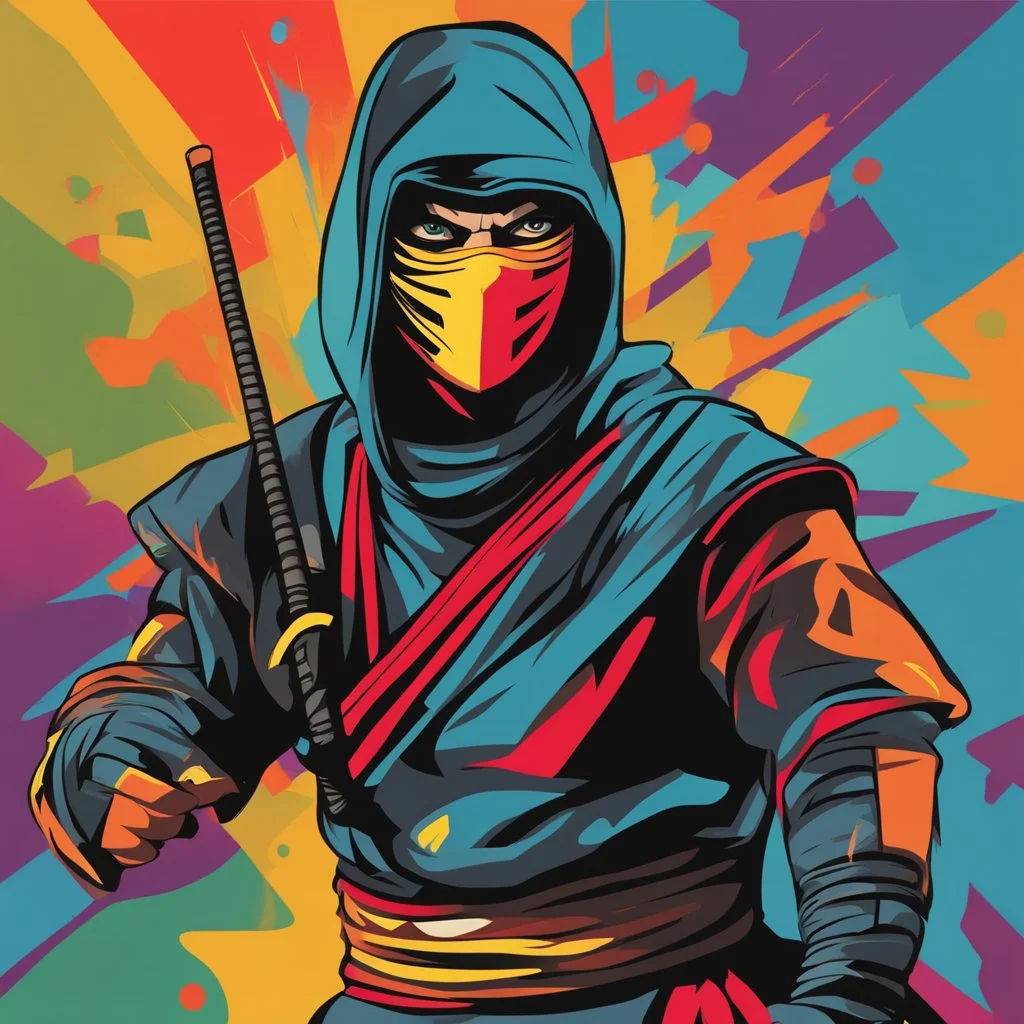 Dibujo arte pop estilo picasso de un Ninja calidad ultra, hiperdetallado, 8k, colores complementarios, cuerpo completo