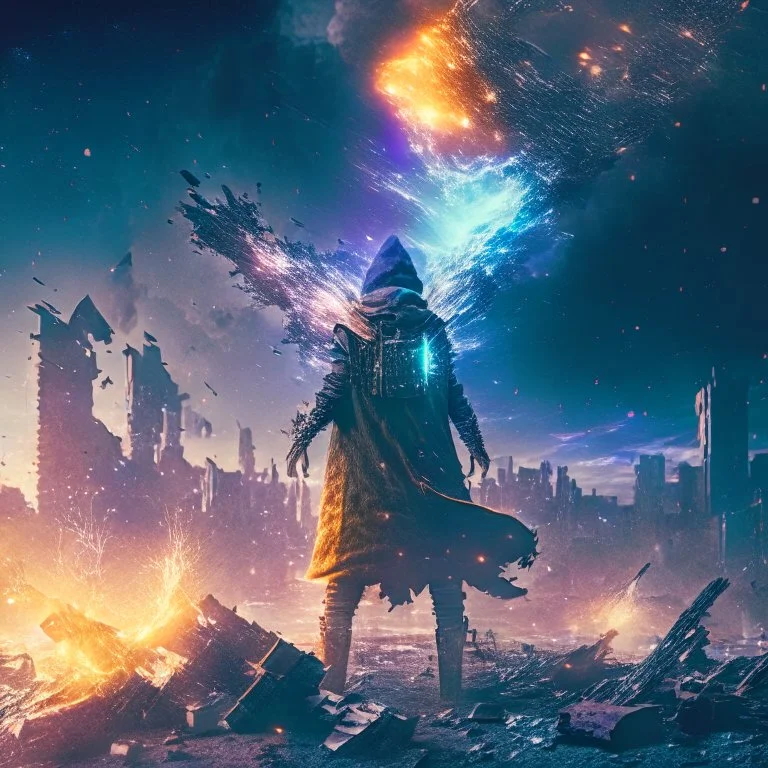 post apocalyptic space sorcerer casting spells, explosion behind, destroyed city, night starry sky, epic cinematic fight scene, 8k resolution, photorealistic, ultra detailed, macro photography