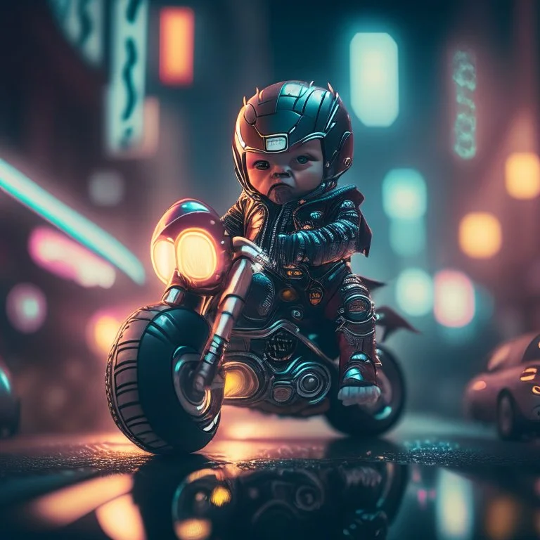 A Sharp Kawaii tiny hyper realistic baby ironman riding mini harley davidson, wearing bikers clothes with freestyle action, night of cyberpunk city background. wide angle full body, 8k, Cinematography, photorealistic,epic composition Unreal Engine,Cinematic, Color Grading, Portrait Photography,Ultra-Wide Angle, Depth of Field, hyper detailed