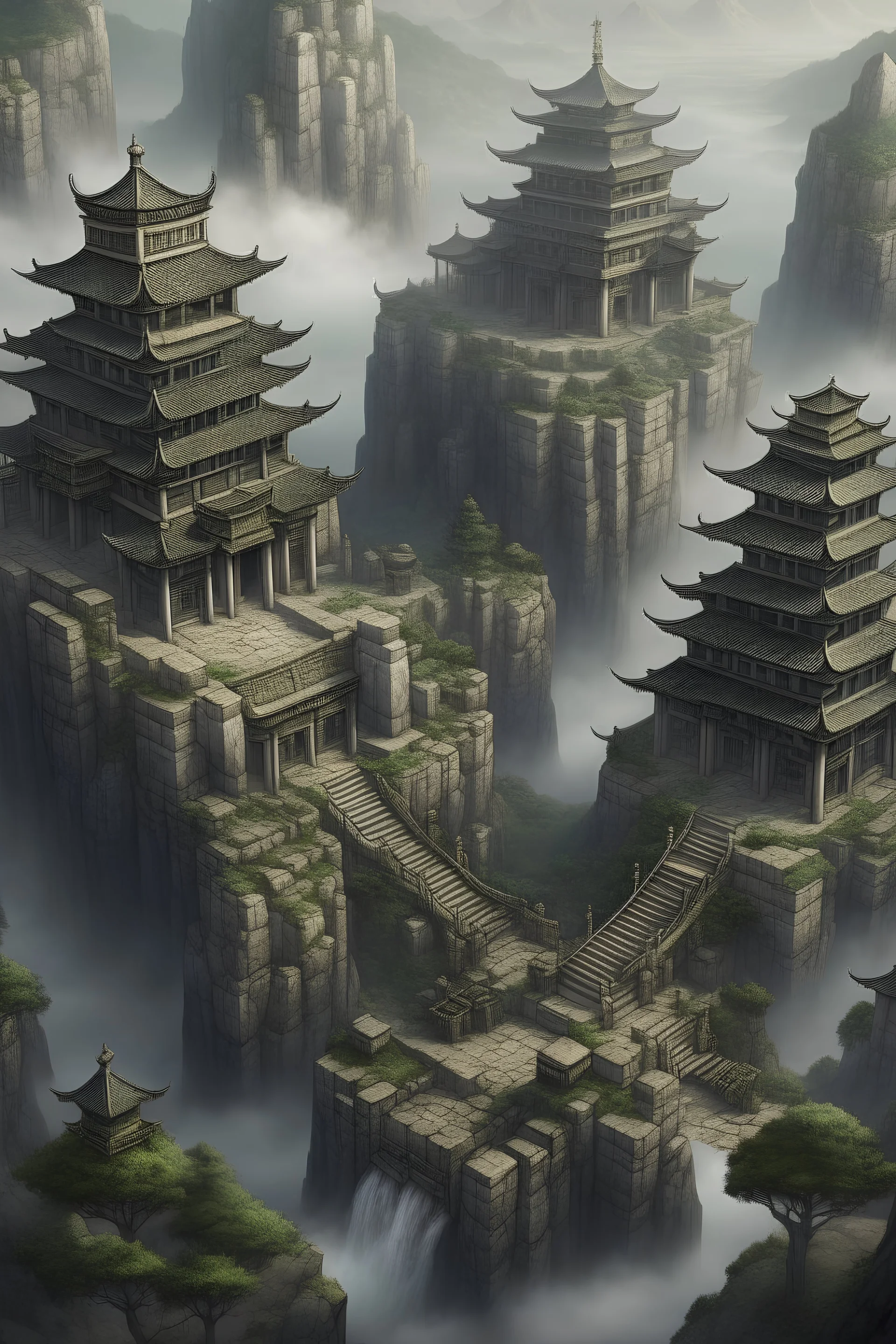 Fantasy area on mountain with many man made structures made of stone with big details. Style of structures is: rigid, spherical, big details. Big stone blocks, NOT ASIAN THEMED . Big structure carved in mountain with big gate leading into mountain. Style: concept art. Mood: foggy, desaturated. View: top down game