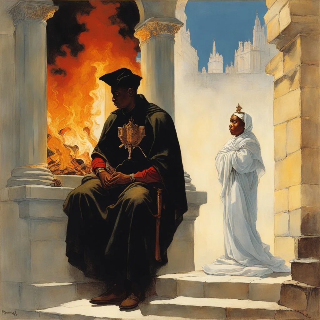 [art by Norman Rockwell] With newfound determination burning in his eyes, Roupinho stepped back, his gaze lingering on the statue of the Black Madonna. Leaving the grotto, Roupinho emerged into the world, his heart aflame with the divine spark that had been ignited within him. And so, the knight set forth on his sacred quest, his destiny intertwined with the miraculous presence of the Black Madonna of Nazaré. The echoes of his pledge reverberated through the hallowed halls of his soul, ignitin