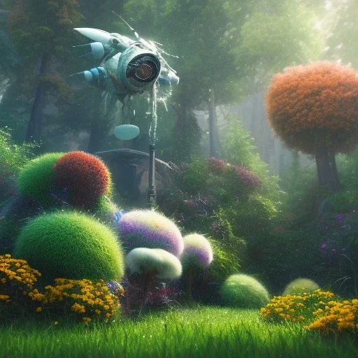 pixar style, volumetric summer garden environment and background, realistic painting of debris ship, looking excited, volumetric lighting, dramatic lighting, detailed digital painting, extreme dense and fine fur, anime, ornate, colour-washed colors, elegant, small minutiae, tiny features, particulars, centered, smooth, sharp focus, renderman gofur render, 8k, uhd, detailed eyes, realistic shaded volumetric lighting, sunlight caustics, backlight, centered camera view