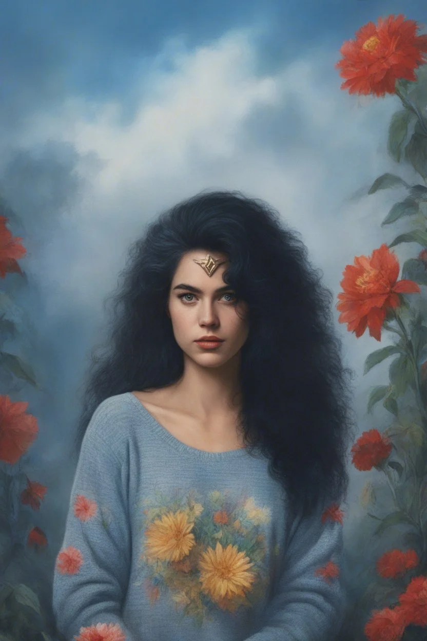 1980, 16-year-old wonder woman, gray cotton sweater, ((1980's big hair, long, teased up Spikey Motley Crue style hair)), black hair, facial portraits, foggy, cloudy blue wall with assorted designs and multiple floral arrangements in the background, 4k, 8k, 16k, 32k, 100k UHD, Ultra-Hyper Resolution, dark, sultry eyeshadow, eyeliner, mascara, rouge, lipstick