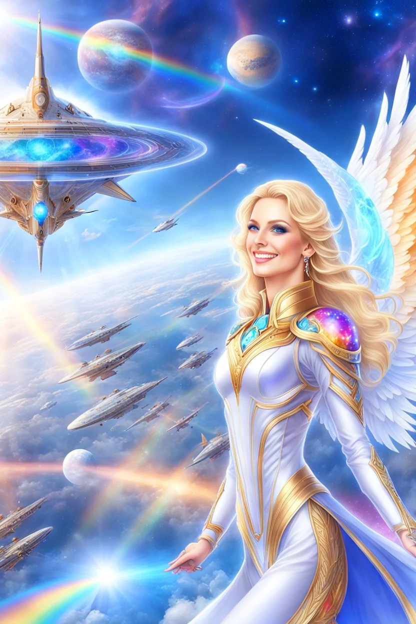 cosmic woman angels smile,admiral high commander from the future, one fine whole face, crystalline skin, expressive blue eyes,rainbow, smiling lips, very nice smile, costume rainbow pleiadian, Beautiful tall woman pleiadian Galactic commander, ship, perfect datailed golden galactic suit, high rank, long blond hair, hand whit five perfect detailed finger, amazing big blue eyes, smilling mouth, high drfinition lips, cosmic happiness, bright colors rainbow, blue, pink, gold, jewels, realist,8k