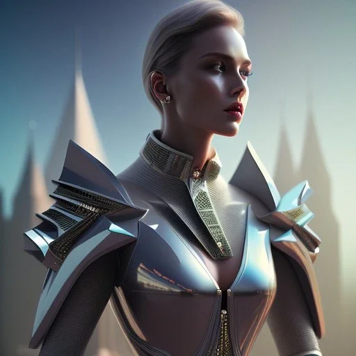 A handsome woman standing in front of a church, futuristic design, a paradise in background, close-up face, geometric armor, female face, 3d unreal engine, black face, close up armor