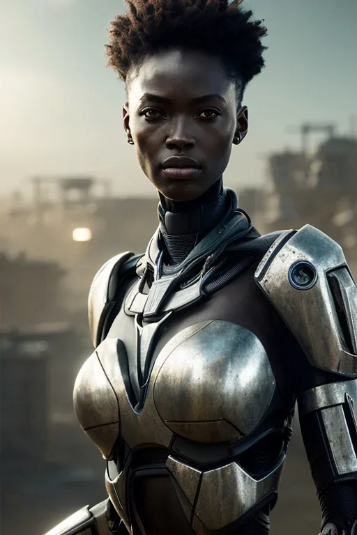 portrait,beautiful african robot, post-apocalyptic in a cyberpunk city, realistic, intriacte detail, sci-fi fantasy style, volumetric lighting, particales,highly detailed,cinamatic, deep