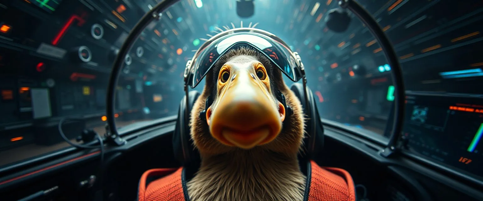 crash pilot ,weird experiment gone wrong perspective close up portrait of dj platypus duck pilot looking down on cam, with background in the style of escher and giger, a chill contrapunctus fugue in the style of fsol, beethoven, goa trance breaks, dancefloor drum and bass,