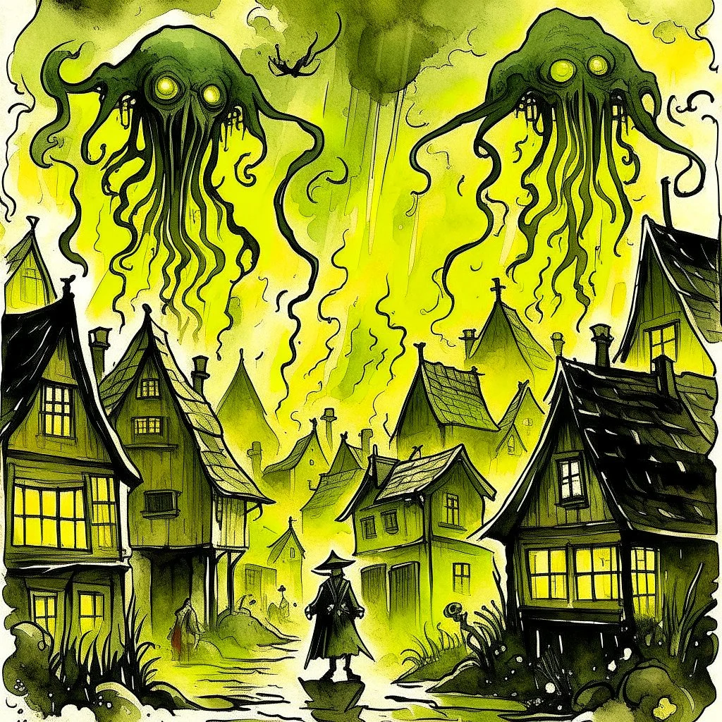 diffused watercolor that looks faded and aged, in distance a barely visible hint of a silhouette of a flying Lovecraftian three headed colossus shrouded in mist whose rough shady profile outline is briefly lit by a flash of lightning, paranoiac, strange thatched-house village in foreground with crude wooden fences, downpouring rain, people huddled under umbrellas, subtle, quiet horror, blue and green color scheme, dark grey negative space