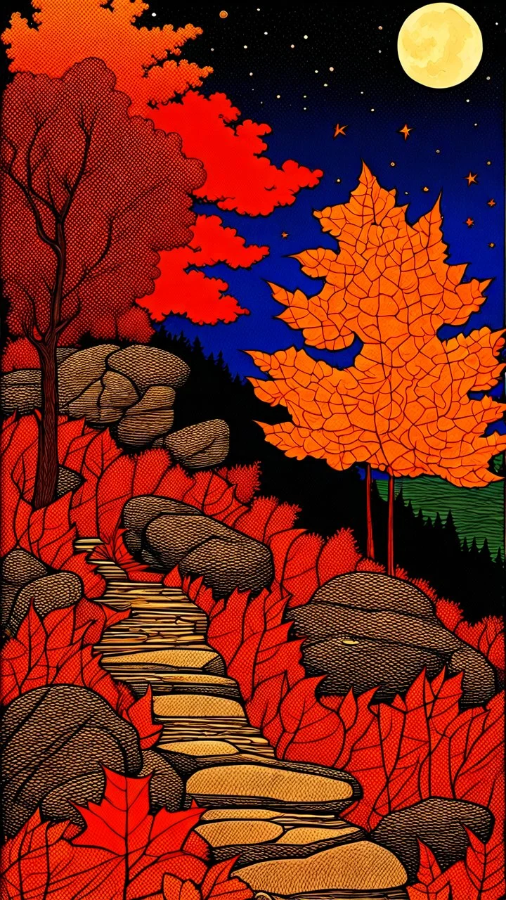 Autumn colors, peaceful, Egon Schiele, Max Ernst, night sky filled with galaxies and stars, rocks, trees, flowers, one-line drawing, sharp focus, 8k, deep 3d field, intricate, ornate, one million strokes. strong colors