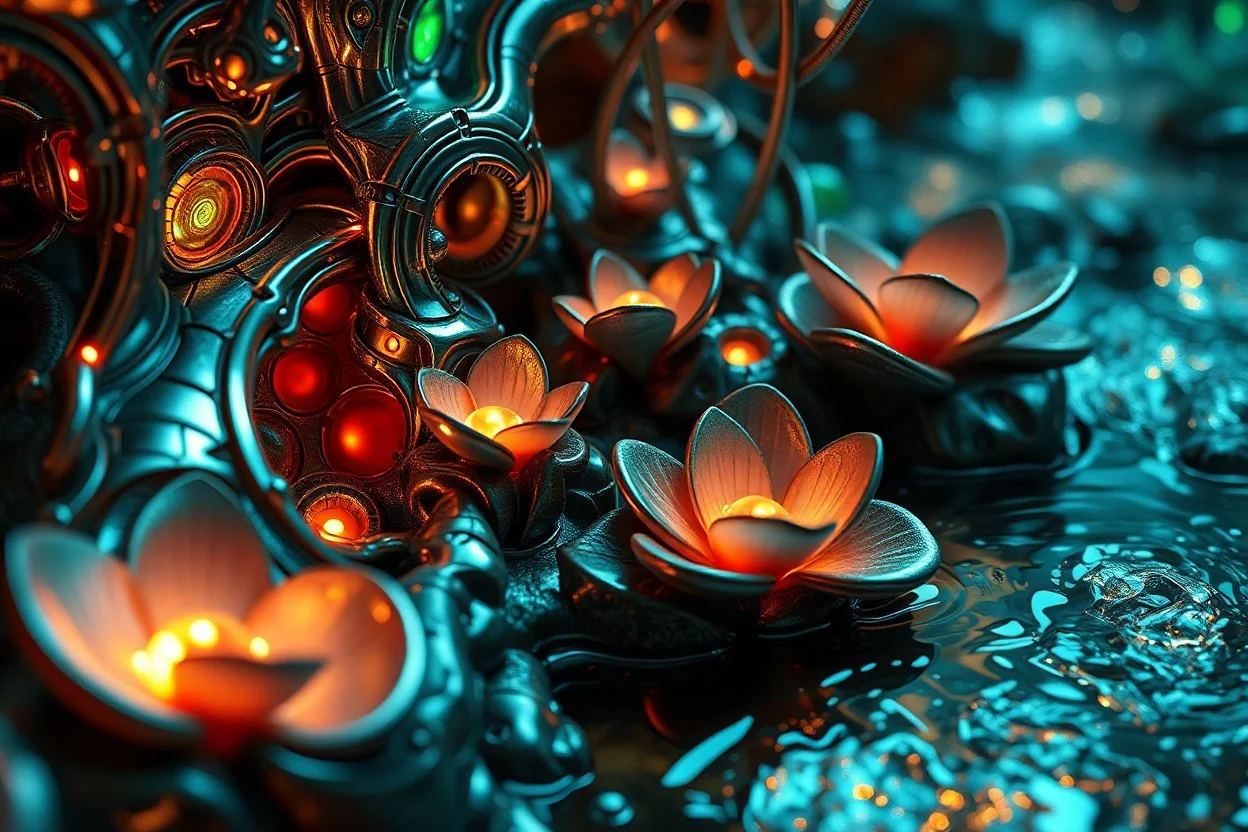 Macro photography of a sci-fi ecosystem. Close-up of metallic recursive architectural elements merging with organic bioluminescent plant life. The water in the nearby stream shows impossible fractal ripples and metallic sheen. Intricate procedural patterns, high-tech nature, hard-surface modeling aesthetics mixed with soft organic curves, subsurface scattering on petals, high-gloss metallic reflections, 4k, Octane Render style.