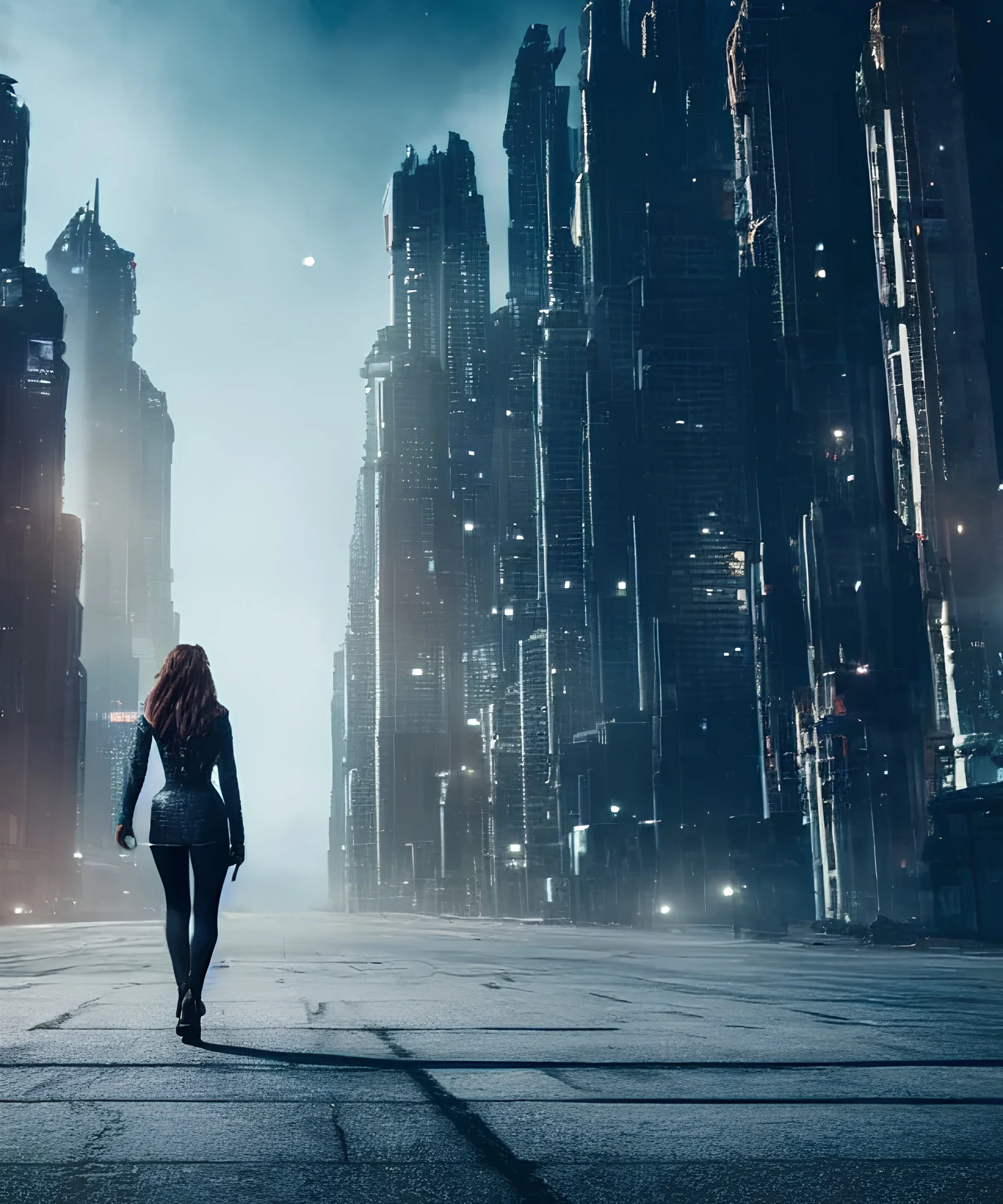 A young woman walking streets of megacities, sci-fi fantasy