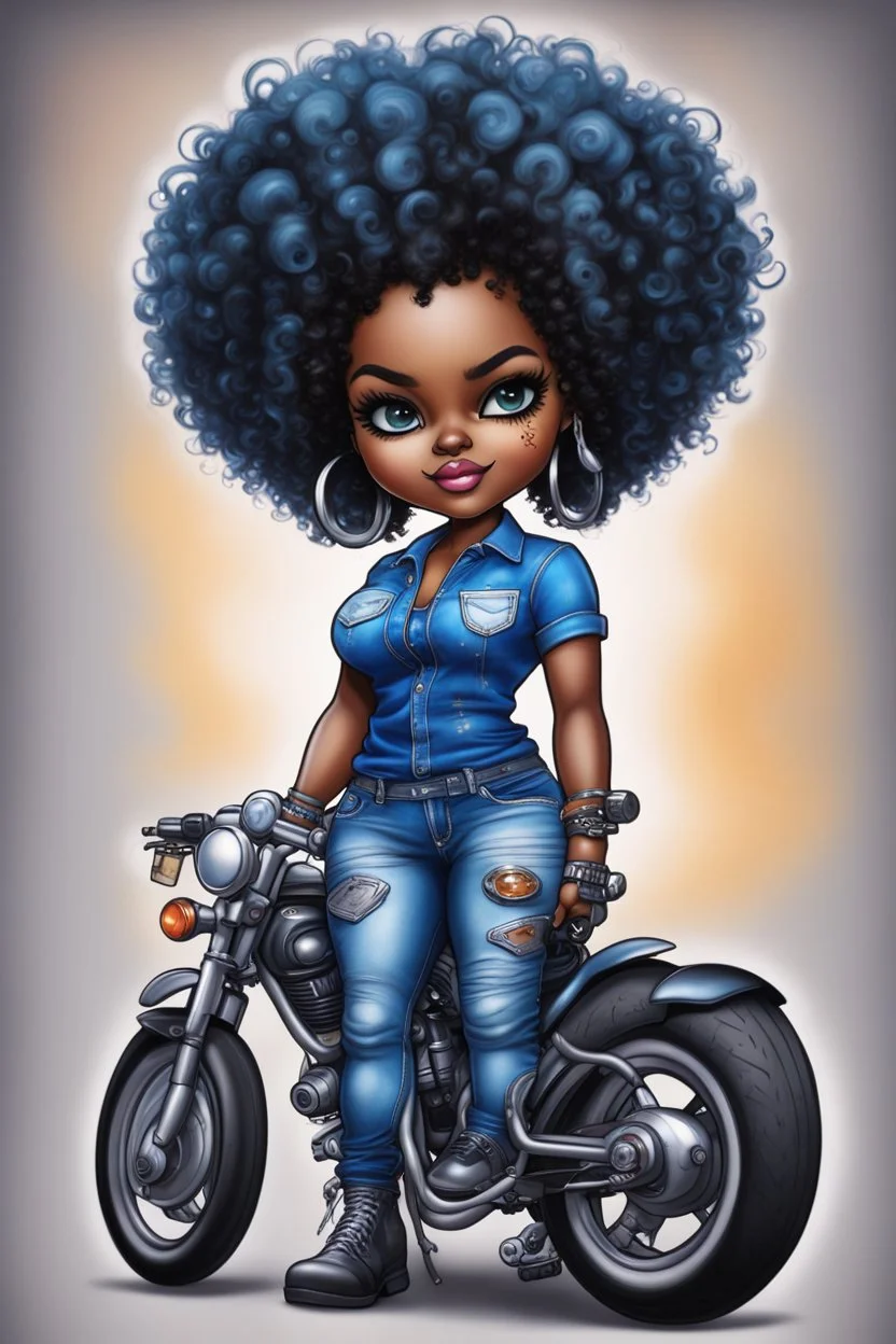 create an airbrush illustration of a chibi cartoon voluptuous black female wearing a blue jean outfit with a tie dye tshirt with biker boots. Prominent make up with hazel eyes. Extremely highly detail of a tight curly black and shiny afro. Background of a bike show