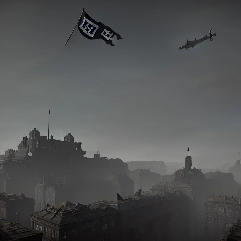 Nazi fortress with nazi party flag , ww2, plane in sky , realistic