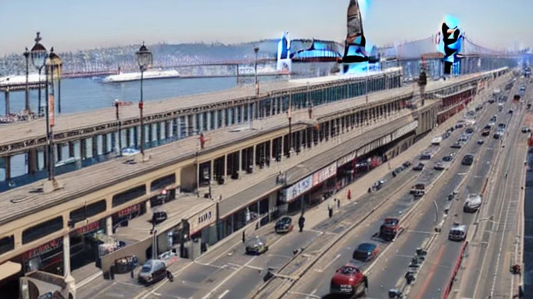 A Tesla's 'Model S Plaid' is racing at top speed, over the 'Pier 39', in San Francisco. CINEMATIC. WIDE ANGLE LENS.