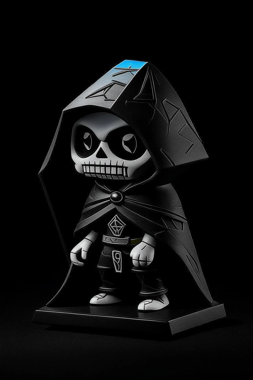 funko skeleton in a black hooded cloak drawn in a retro mascot style, inside a light diamond shape on a black background, monochromatic