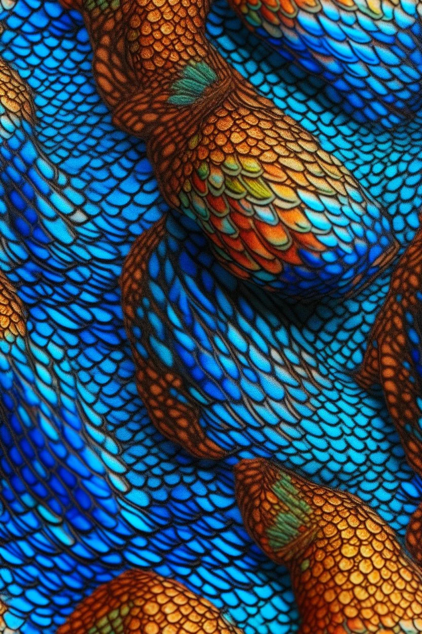 A shimmering, textured textile inspired by the scales of a mandarin fish. This could be a scarf, a wall hanging, or even a small garment like a bolero jacket.