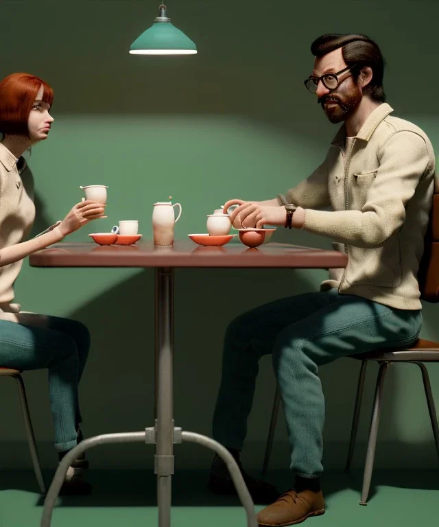 man and woman sitting in cafeteria and having breakfast levitating, Wes Anderson, soft color, highly detailed, unreal engine 5, ray tracing, RTX, lumen lighting, ultra detail, volumetric lighting, 3d, finely drawn, high definition, high resolution.