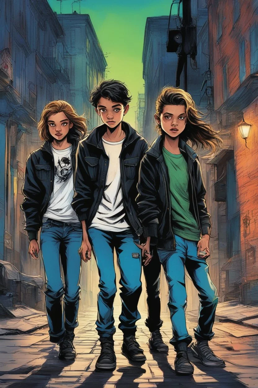 Design a detective book cover for teenagers. Three 15-year-old teenage detectives and a black cat in the centre, one boy on her left, the girl in the centre and one on her right are on the town street. Dynamic poses, Banksy style, modern comic book style, mysterious atmosphere, modern clothes, streetwear, street look, Polish style, highly detailed, green eyes, brown eyes, ginger hair, brown hair, blonde hair,