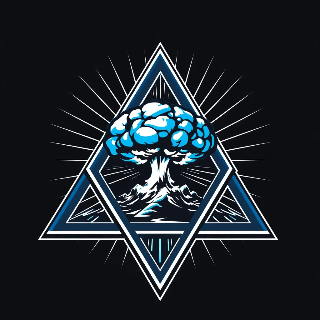a blue nuclear explosion mushroom cloud inside an equilateral triangle, radiant lines, vector logo