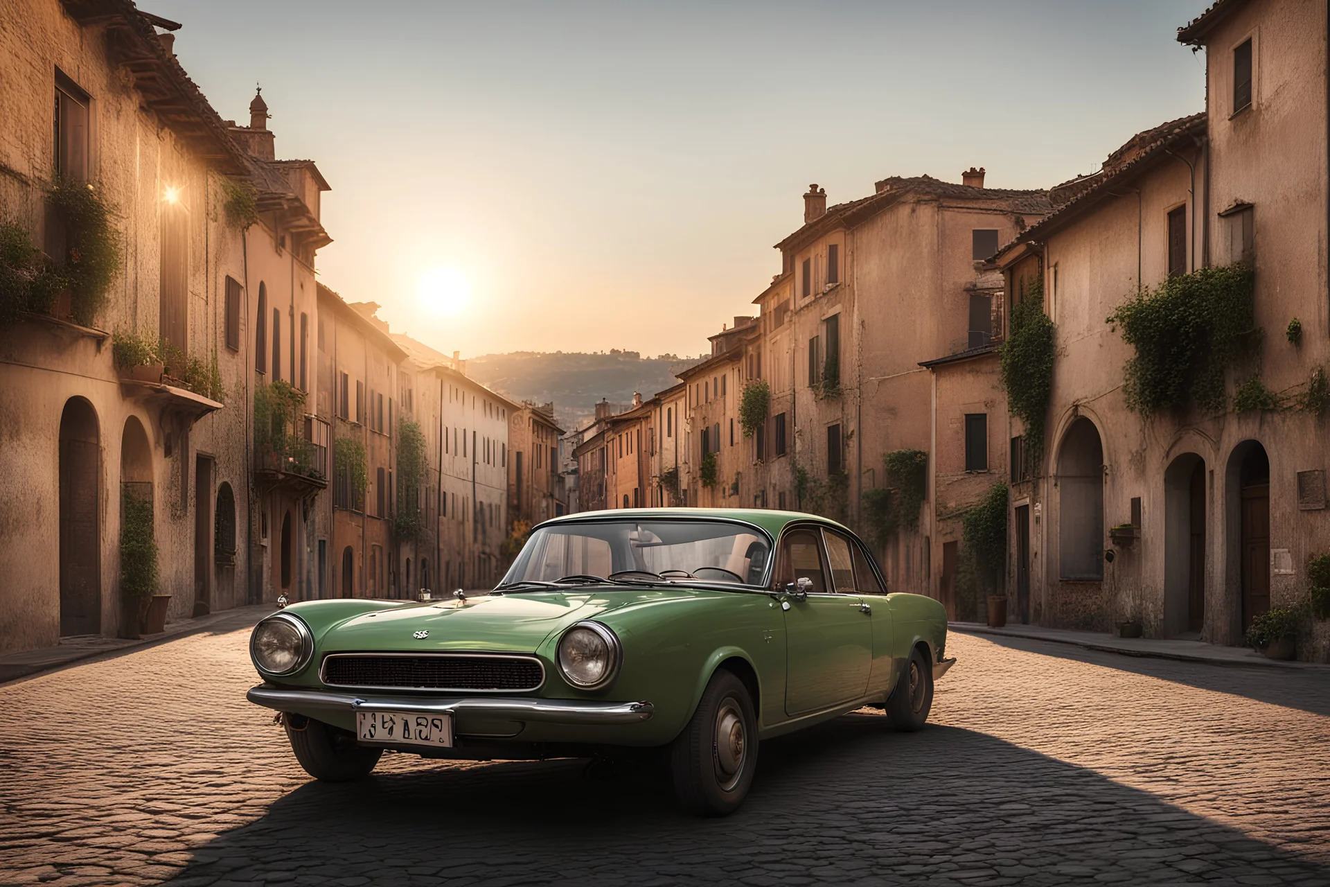 Erstelle ein Bild eines autos welches fotografiert wird in einer italienischen altstadt, mit der sonne am Horizont, die die Abenddämmerung betont. Der Blickwinkel sollte in der froschperspektive sein, und das Bild sollte in der Heutigen Zeit angesiedelt sein. Das Bild sollte in einem Medium wiedergegeben werden, das die Zeit vor 50 Jahren hervorruft.