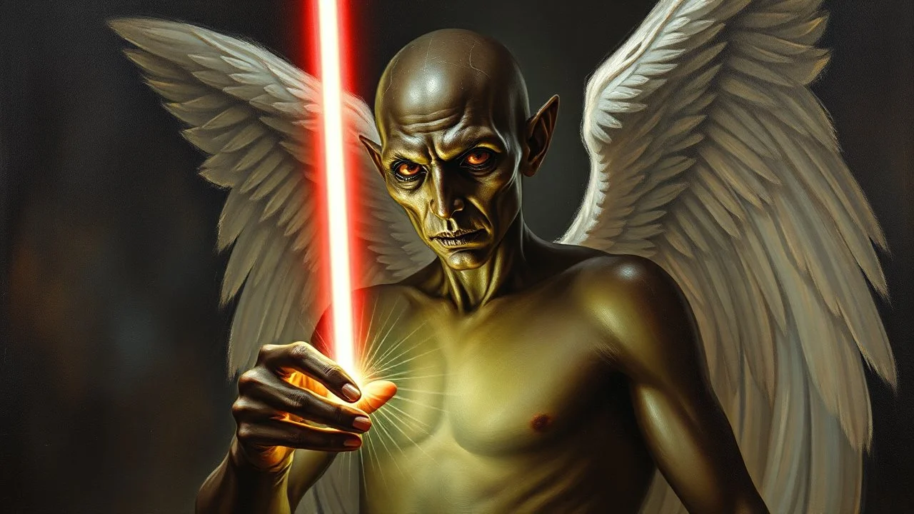 pin hole cam, master oil painting by Rembrandt, realistic rendering of crazy dark skinhead angel alien scientist holding a holy neon glowing super power tube gensis vial