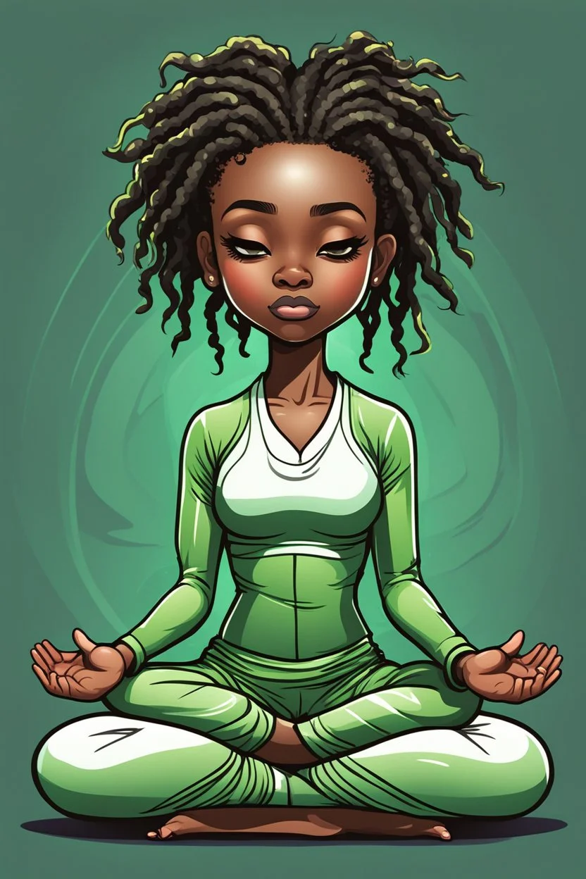 Create a shiny vector art painting for a chibi cartoon black female wearing a light green yoga suit sitting on the floor Indian style. She is meditating with her eyes closed. Prominent make up . Highly detailed dreadlocks