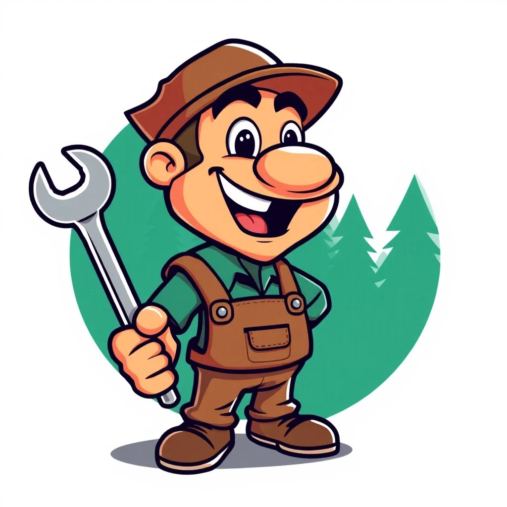 retro cartoon company mascot of a vehicle mechanic with a hint of forest ranger, holding a socket wrench.