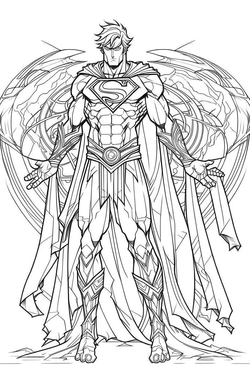 Advanced cosmic Superman outline art. Naruto Cinematic Lighting, 3D Art Coloring Pages HD with Witch, White Background, Drawing Style, Full Body, Outline Use, Mandala Style, Clean Line Art,