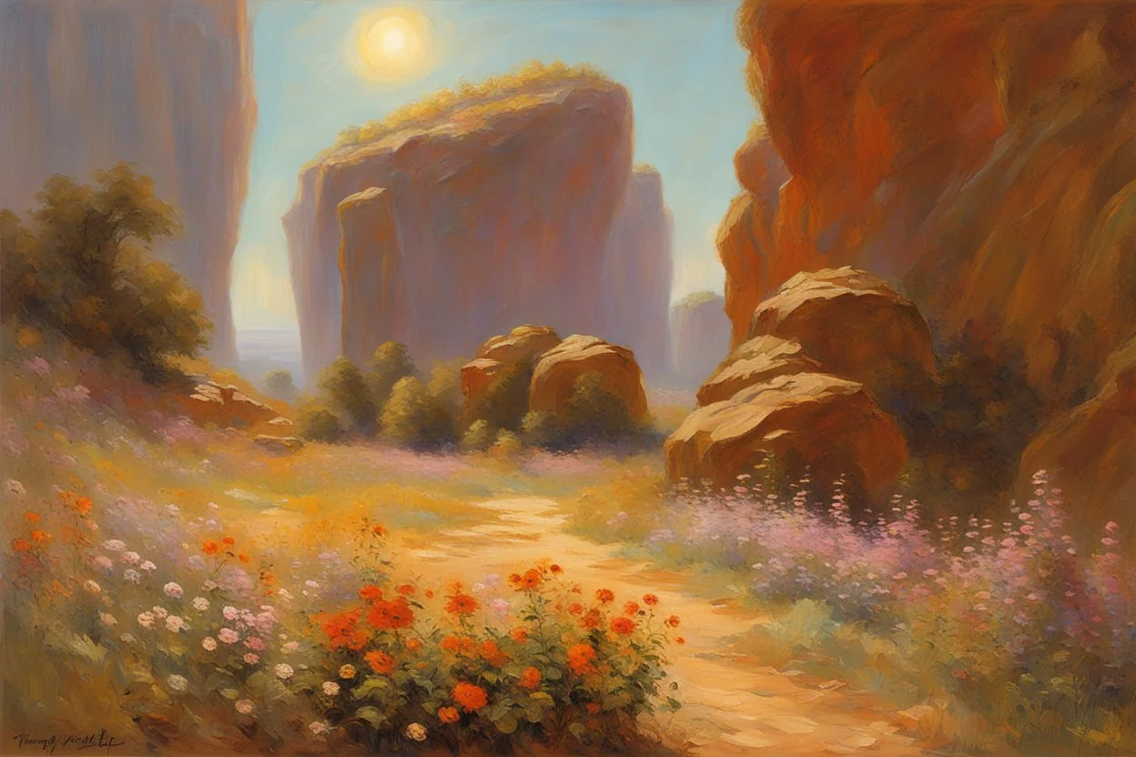 sunny day, planet in the sky, rocks, flowers, cliffs, sci-fi, friedrich eckenfelder and henry luyten impressionism paintings