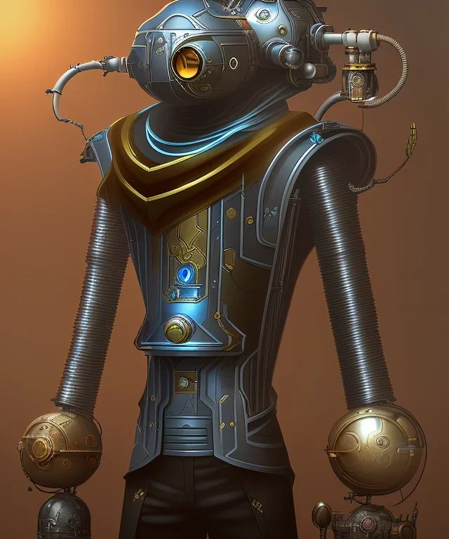 evil mechanoid person with a steampunk, realistic