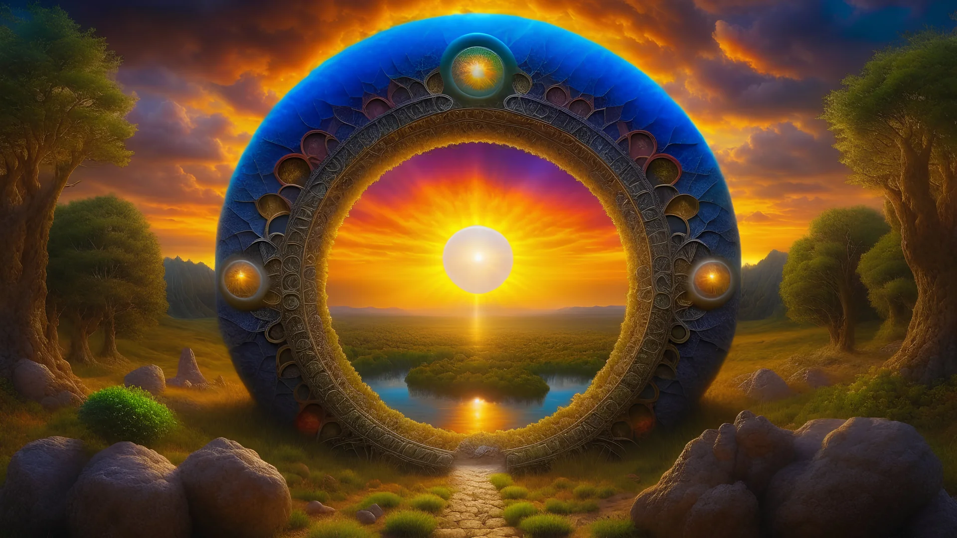 Portal To The Sun || surreal landscape in the styles of John Stephens and David A. Hardy and Pablo Amaringo, expansive, mixed media, sharp focus, highest resolution